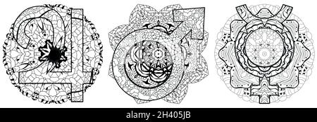 Signes astronomiques avec mandalas, astrologie concept art. Tattoo design.Jupiter, mars et Mercure pour la coloration Illustration de Vecteur