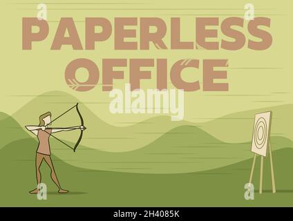 Présentation conceptuelle Bureau sans papier.Environnement de travail mot pour mot dans lequel l'utilisation du papier est éliminée Lady Archer Illustration Banque D'Images