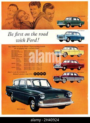 Une publicité Ford vintage de Motor Sport Magazine, novembre 1959, annonçant leurs nouveaux modèles exposés au Earll's court Motor Show Banque D'Images