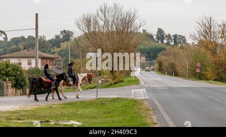 Deux femmes à cheval doivent traverser une route asphaltée très fréquentée, Bientina, Italie Banque D'Images