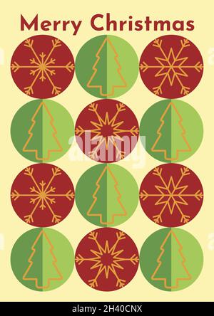 Carte de Noël géométrique avec cercles rouges et verts avec flocons de neige et arbres de noël jaune doré, avec un fond beige idéal pour souhaiter mer Banque D'Images