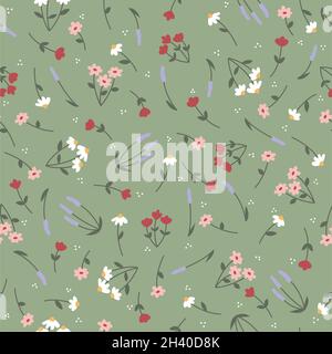 Motif naturel sans couture au printemps avec petites fleurs roses, rouges et blanches et fond vert Illustration de Vecteur