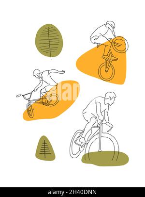 Tracé de ligne continue du cycliste.Dessin noir et blanc, fond blanc.Illustration d'un homme sur un vélo. Illustration de Vecteur