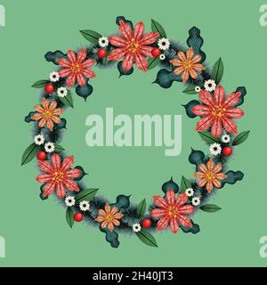 couronne de noël à l'aquarelle avec motif de fleurs vectorisées Illustration de Vecteur