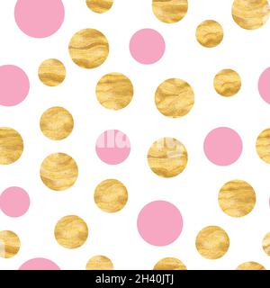 Abstrait mode grunge polka points arrière-plan.Motif blanc sans couture avec cercles texturés roses et dorés.Modèle pour invitation, poster Illustration de Vecteur