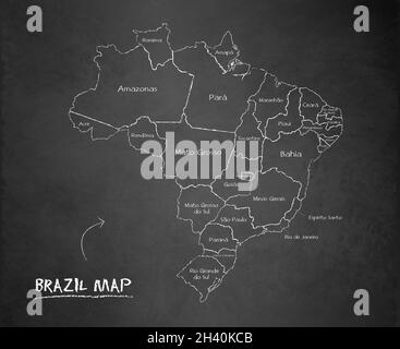 Carte du Brésil, sépare les États avec des noms, carte de conception noir tableau noir vecteur de tableau noir Illustration de Vecteur