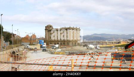 Travaux du train à grande vitesse (AVE) à Barcelone, Catalunya, Espagne, Europe Banque D'Images