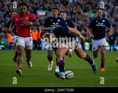 Série des nations d'automne - Ecosse v, Tonga.30 octobre 2021.L'Écosse accueille les Tonga lors de leur premier match de la série des nations d'automne 2021 au stade Murrayfield, à Édimbourg, en Écosse.ROYAUME-UNI.Pic shows: Scotland Right-Wing, Kyle Steyn, marque sa quatrième tentative du jeu.Crédit : Ian Jacobs/Alay Live News Banque D'Images