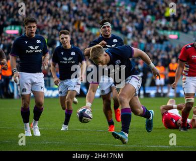 Série des nations d'automne - Ecosse v, Tonga.30 octobre 2021.L'Écosse accueille les Tonga lors de leur premier match de la série des nations d'automne 2021 au stade Murrayfield, à Édimbourg, en Écosse.ROYAUME-UNI.Pic shows: Scotland Right-Wing, Kyle Steyn, marque sa quatrième tentative du jeu.Crédit : Ian Jacobs/Alay Live News Banque D'Images