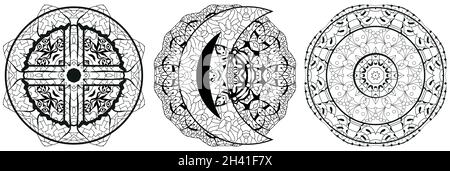 Signes astronomiques avec mandalas, astrologie concept art pour la coloration.Motif tatouage.TERRE, LUNE ET SOLEIL Illustration de Vecteur