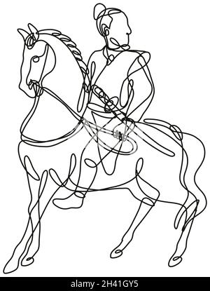 Japonais Samurai Warrior Riding Horse vue latérale dessin de ligne continue Banque D'Images