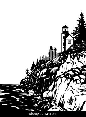 Bass Harbor Head Light dans le parc national Acadia Hancock County Maine USA WPA Woodcut Black and White Art Banque D'Images