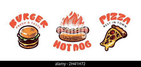 Ensemble de logos de restauration rapide.Burger, pizza, emblèmes hot dog pour le restaurant, menu du café.Illustration vectorielle Illustration de Vecteur