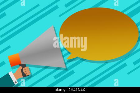 Hand holding megaphone color speech bubble Banque D'Images