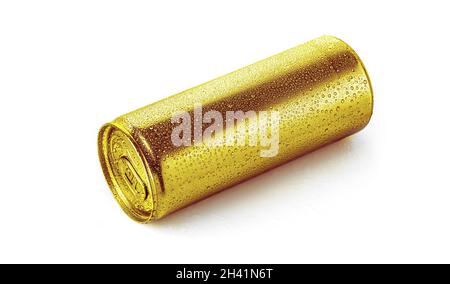Modèle de boîte vide dorée avec gouttes, boîte en aluminium avec eau condensée et alcool, pour la présentation. Isolé sur blanc Banque D'Images