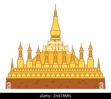 PHA que Luang, stupa bouddhiste à Vientiane, Laos.Temple d'or, symbole national lao.Illustration vectorielle géométrique à ligne plate. Illustration de Vecteur