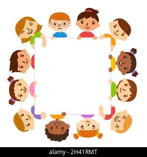 Mignon dessin animé divers enfants tenant une bannière de texte vierge.Groupe de petits enfants.Illustration de clip art vectoriel. Illustration de Vecteur