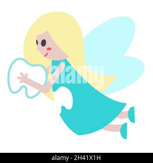 Drôle de dessin animé Tooth Fairy.Jolie fille avec des cheveux et des ailes équitables.Robe bleue à imprimé dents.Illustration pour enfants et enfants.Imprimer pour Illustration de Vecteur