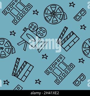 Seamless Pattern avec les icônes film, séries TV, séries et films Funny Doodle Vector.Illustration colorée dessinée à la main.Configuré pour les podcasts, les récompenses et Illustration de Vecteur