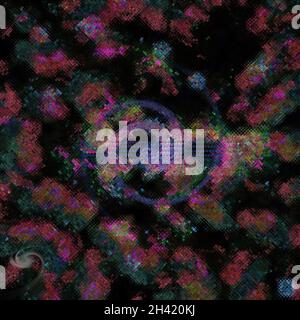 Formes abstraites fluo et motifs ondulants arrière-plan trippy foncé Banque D'Images