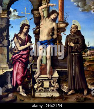 Saints Jean-Baptiste, Sebastian, Francis, par Pala Lomellini, Lippi Filippino (1457-1504) Italie, Italien, Banque D'Images