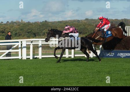 Ascot, Berkshire, Royaume-Uni.30 octobre 2021.Jockey Ciaran Gethings sur le cheval moniteur Lecoq lance un saut dans le Byrne Group handicap Steeple Chase (classe 1) (course répertoriée) (course GBB).Crédit : Maureen McLean/Alay Banque D'Images