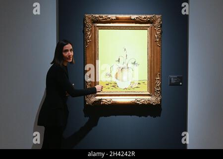 Un artiwok intitulé « Sunflowers from Pétrol Station » par Banksy exposé lors de la vente aux enchères « 20/21st Centruy Evening sale » à Christies le oct Banque D'Images