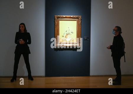 Un artiwok intitulé « Sunflowers from Pétrol Station » par Banksy exposé lors de la vente aux enchères « 20/21st Centruy Evening sale » à Christies le oct Banque D'Images