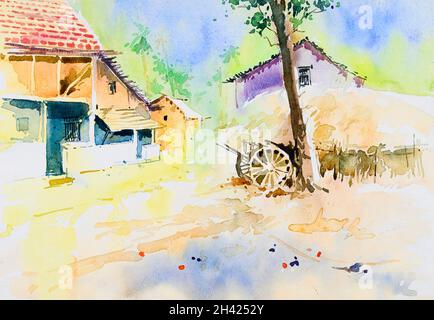 Peinture d'aquarelle de village indien brillant , illustration peinte à la main.Une maison de village, des arbres et une voiturette de taureaux.Paysage rural. Banque D'Images