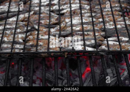 Préparation pour griller des anchois sur du charbon de bois.Poissons ordonnés en rangées et en colonnes.Vitamines et minéraux. Banque D'Images