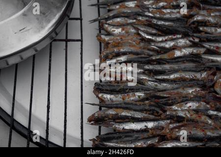 Préparation pour griller des anchois sur du charbon de bois.Poissons ordonnés en rangées et en colonnes.Vitamines et minéraux. Banque D'Images