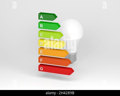 Label énergétique isolé sur fond gris clair.Étiquetage de la consommation d'énergie.illustration 3d. Banque D'Images