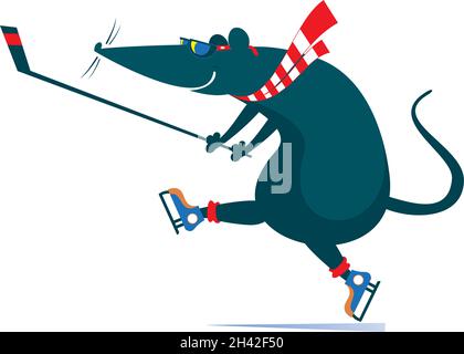 Dessin animé rat ou souris une illustration de joueur de hockey sur glace.Le rat ou la souris souriant joue au hockey sur glace isolé sur blanc Illustration de Vecteur
