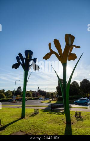 Sculpture de fleurs d'iris géant par Malcolm Robertson près d'un rond-point à Glenrothes, Fife, Écosse Banque D'Images