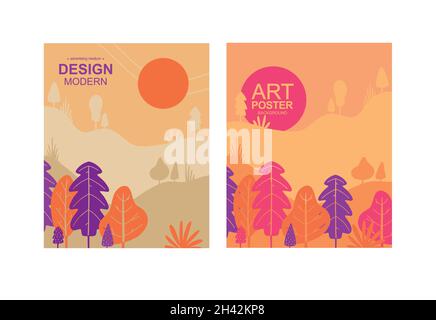 Illustration vectorielle de style linéaire plat.Arrière-plan de l'automne.Illustration paysage avec plantes, arbres et espace de copie pour le texte. Illustration de Vecteur