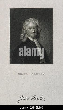 Sir Isaac Newton.Gravure de ligne par Caroline Hulot [?]Après E. Seeman, 1726. Banque D'Images