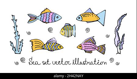 Ensemble de poissons colorés, algues, vagues.Jeu marin d'illustrations vectorielles. Illustration de Vecteur