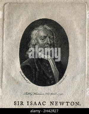 Sir Isaac Newton.Gravure de lignes par A. Smith, 1794, d'après J. Vanderbank, 1725. Banque D'Images