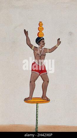 Un artiste de rue debout sur un disque équilibrant trois pots sur sa tête.Aquarelle par un artiste indien. Banque D'Images