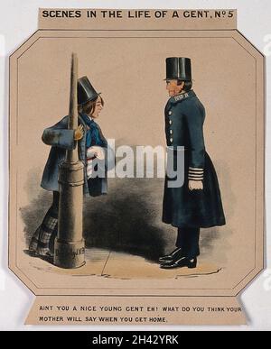 Un jeune garçon habillé en pantalon et vérifié un top hat est appuyé contre un lampadaire comme un policier lui parle. Lithographie couleur après J.V.B. Banque D'Images