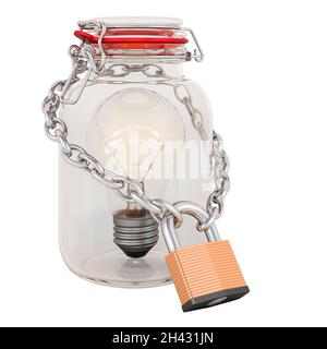 Ampoule à l'intérieur du bol en verre avec chaîne et cadenas.Rendu 3D isolé sur fond blanc Banque D'Images