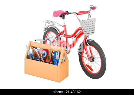 Vélo avec boîte à outils.Service et réparation de vélos pour enfants, rendu 3D isolé sur fond blanc Banque D'Images