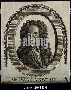 Sir Isaac Newton.Gravure de ligne après Sir G. Kneller, 1702. Banque D'Images