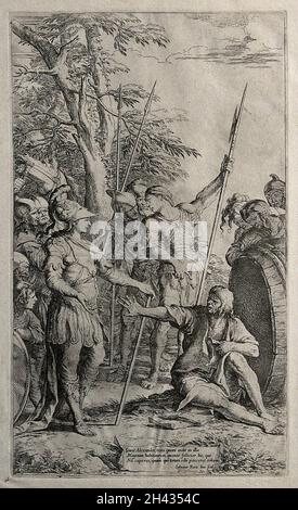 Diogenes, assis devant son canon et offert ce qu'il veut par Alexandre le Grand, demande à Alexandre de se retirer pour qu'il puisse voir le soleil.Gravure par S. Rosa. Banque D'Images