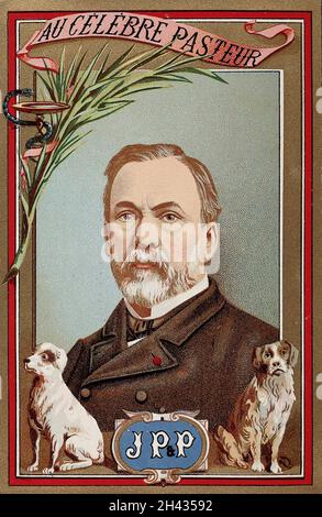 Louis Pasteur, avec deux chiens (se référant à son travail sur la rage), une paume et un serpent autour d'un bol (indiquant une réussite en matière d'hygiène). Chromolithographe. Banque D'Images