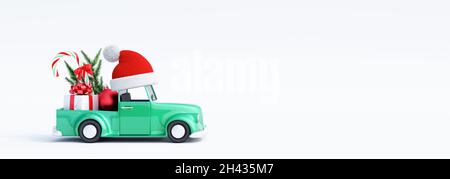 Jolie voiture verte avec chapeau de père Noël portant cadeau et décorations de Noël sur fond blanc 3d rendu illustration 3d Banque D'Images