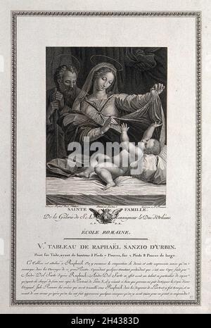 Sainte Marie (la Sainte Vierge) et Saint Joseph avec l'enfant Christ.Gravure par A. Romanet après Jourdain après Raphaël. Banque D'Images
