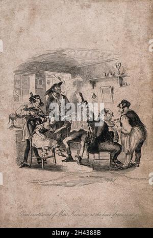 Un coiffeur londonien : un coiffeur ramasse un homme ; une jeune femme qui coupe ses cheveux reconnaît un autre client ; et un homme qui loue la partie supérieure lit le journal du dimanche.Gravure par Phiz (Hablot K. Browne). Banque D'Images