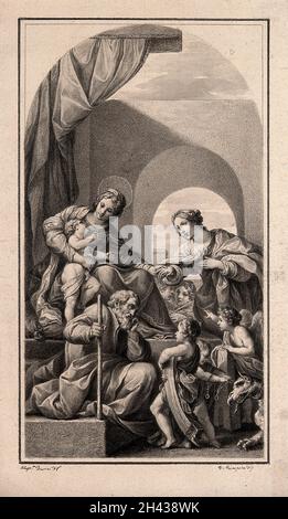 Le mariage mystique de Sainte Catherine d'Alexandrie à l'enfant Christ; Saint Joseph regarde les anges qui portent les attributs de Sainte Barbara et de Sainte Margaret.Dessin de F. Rosaspina, c.1830, après A. Tiarini. Banque D'Images