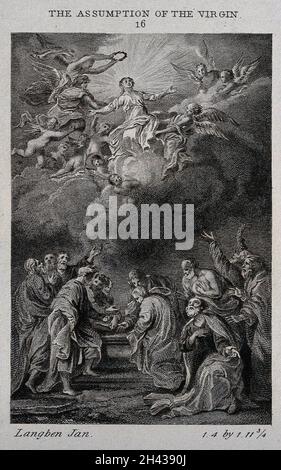 Les apôtres autour du tombeau vide regardent l'Assomption de la Vierge.Gravure d'après J. Boeckhorst. Banque D'Images